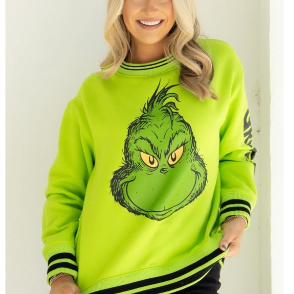 NWT GRINCH LONG SLEEVE SWEATSHIRT WITH VARSITY STRIPES ON COLLAR CUFF WAISTBAND